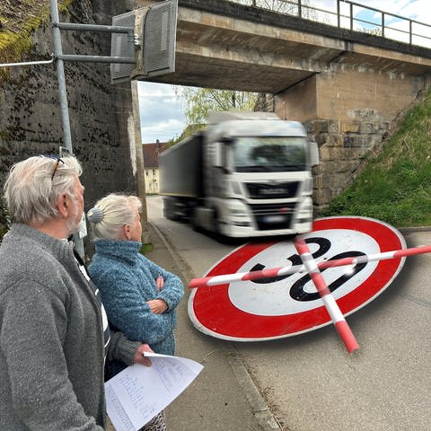 Bildmontage. Rot am See. Straße mit LKW und durchgestrichenem Tempo-30-Schild. 